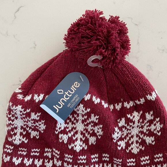 Juncture Outdoor Fleece Lined Knit Hat w Pom Pom Winter Theme Red + Wht OS NWT - Picture 5 of 7